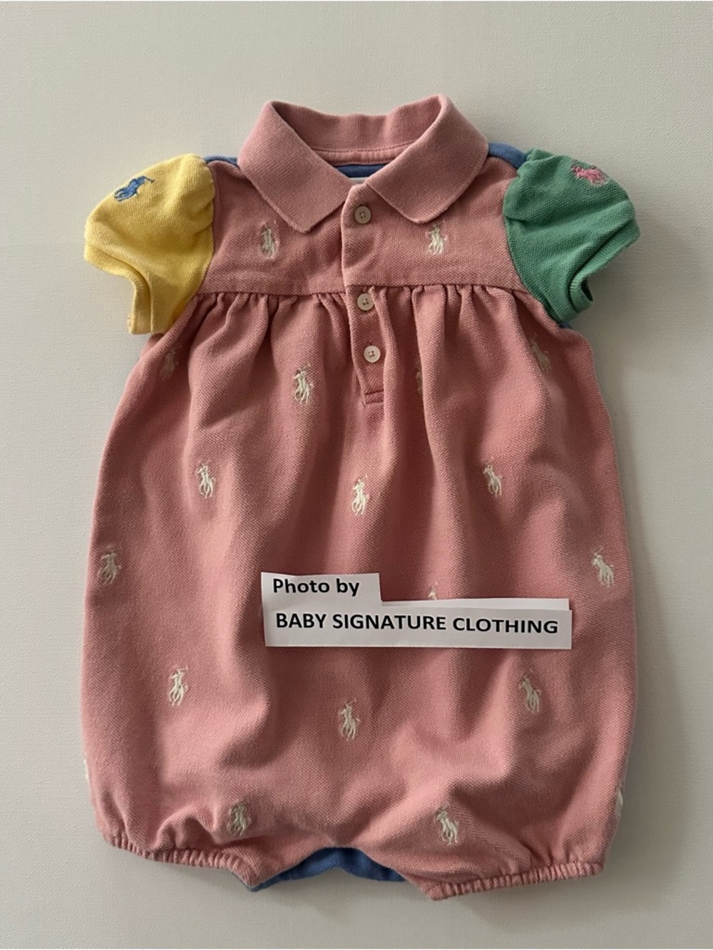 Ralph Lauren 6 Months Baby Girl Pony Logo Print Romper Multi Color block